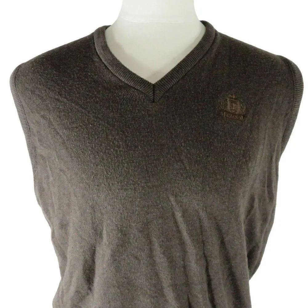 Vintage Brown Izod Knit Sweater Vest L Made In USA Embroidered Crest